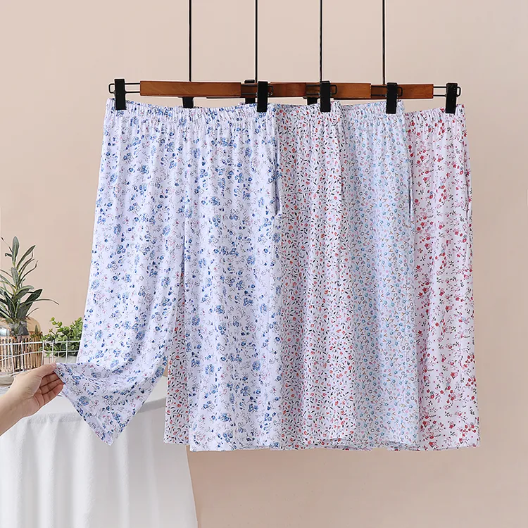 老人高腰七分裤睡裤女士薄款宽松加肥全棉休闲家居裤夏季空调裤