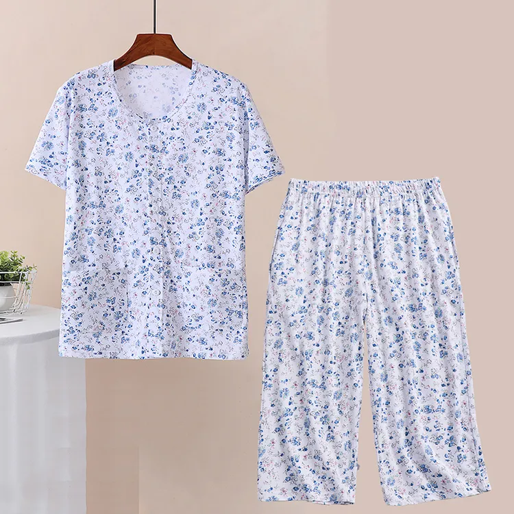 中老年纯棉休闲家居服套装女夏季大码薄款圆领短袖七分裤加肥套装