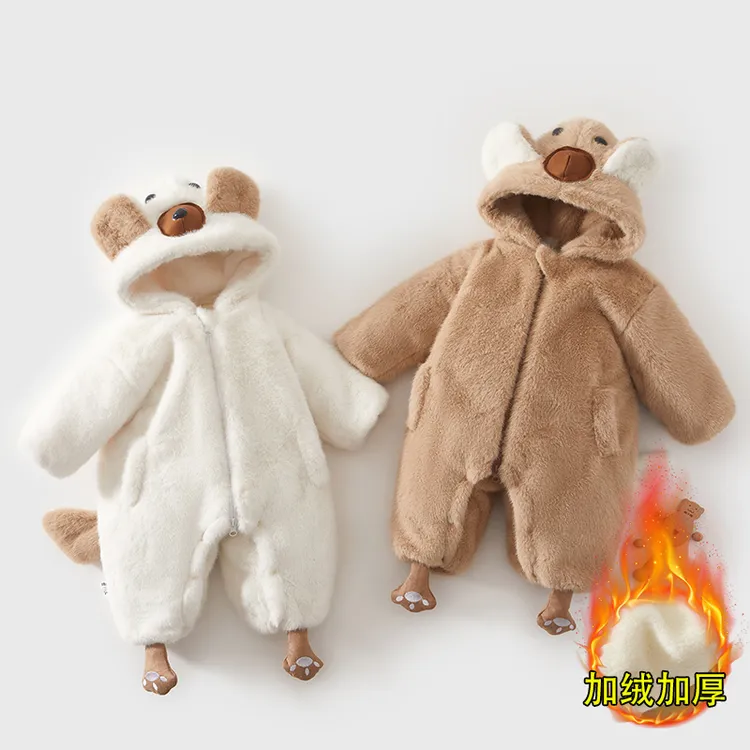 婴儿厚棉衣冬款柔软宝宝连体衣加绒冬季女童幼儿毛毛衣