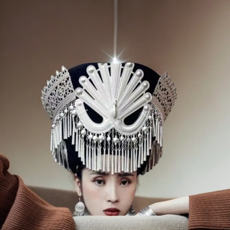 彝族银饰帽子哑光银