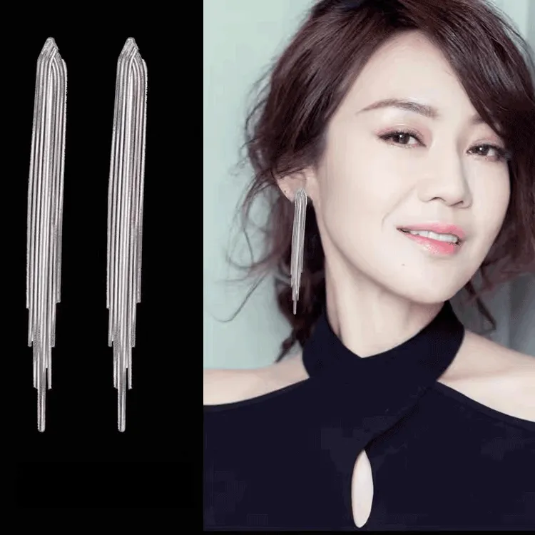 铜合金耳饰 韩国气质流苏耳环长款圆脸显脸瘦耳坠高级感耳钉耳饰