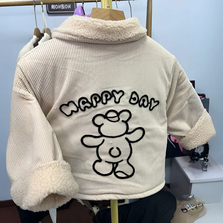 儿童棉外套米色图案潮流机器熊爆款男童女童加绒韩版翻领秋冬