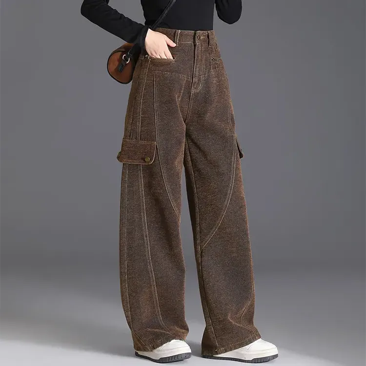 雪尼尔牛仔裤2024秋冬新款美式复古女休闲今年流行的高腰宽松显瘦