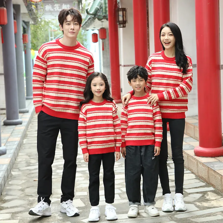 新款秋冬红色亲子装毛衣圆领加厚间条麻花毛衣一家三口四口家庭装