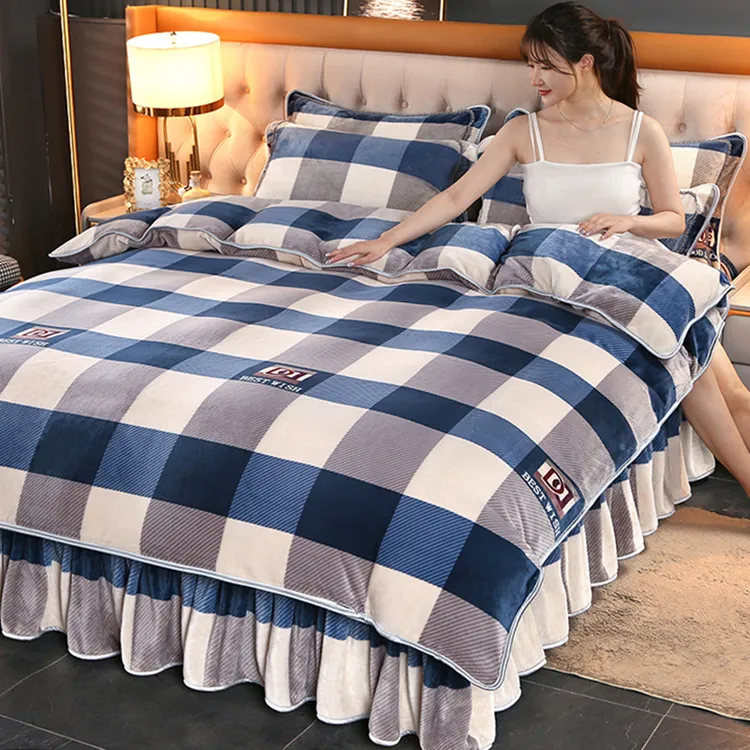 牛奶绒印花8.5斤印花床裙四件套双面绒法兰绒加绒被套床上用品