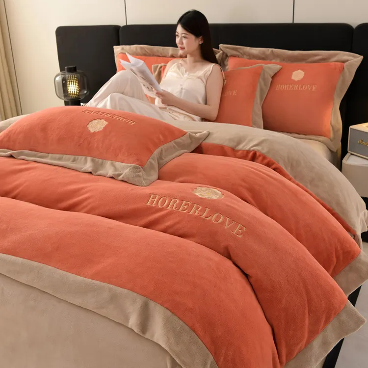 加厚 不掉毛 不掉色2026新款纯色刺绣宽边款牛奶绒四件套双面绒