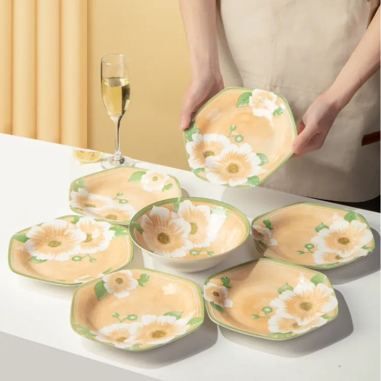 QINGHE/晴赫【七件套】山茶花釉下彩六角拼盘家用高温陶瓷餐具套装