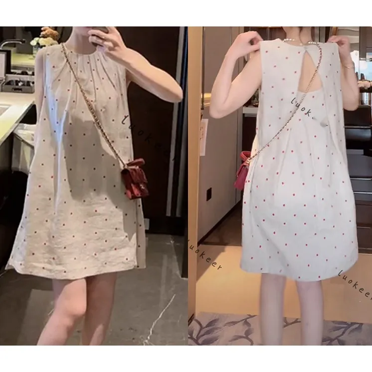 法式温柔风撞色刺绣时尚设计感休闲款波点背心圆领连衣裙夏季新款