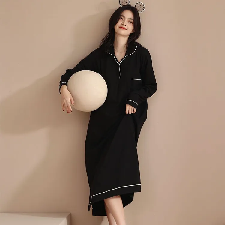 带胸垫睡裙女春秋季新款莫代尔棉长袖衬衫领睡衣裙中长款黑色简约