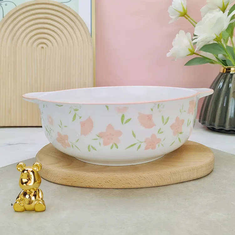 十里桃花双耳碗少女心家用陶瓷餐具10.5英双耳酸菜鱼大碗网红餐具