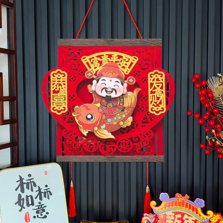 鹿朝山2025新款红绒布立体摇头财神春节家居喜庆装饰挂件招财纳福