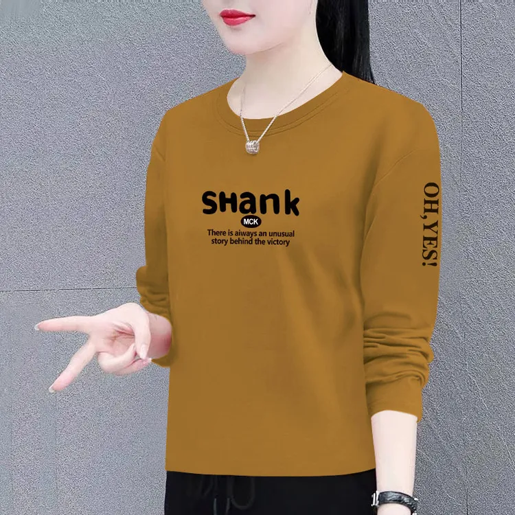 100%纯棉长袖t恤女春秋新款宽松遮肚显瘦百搭洋气圆领打底衫上衣