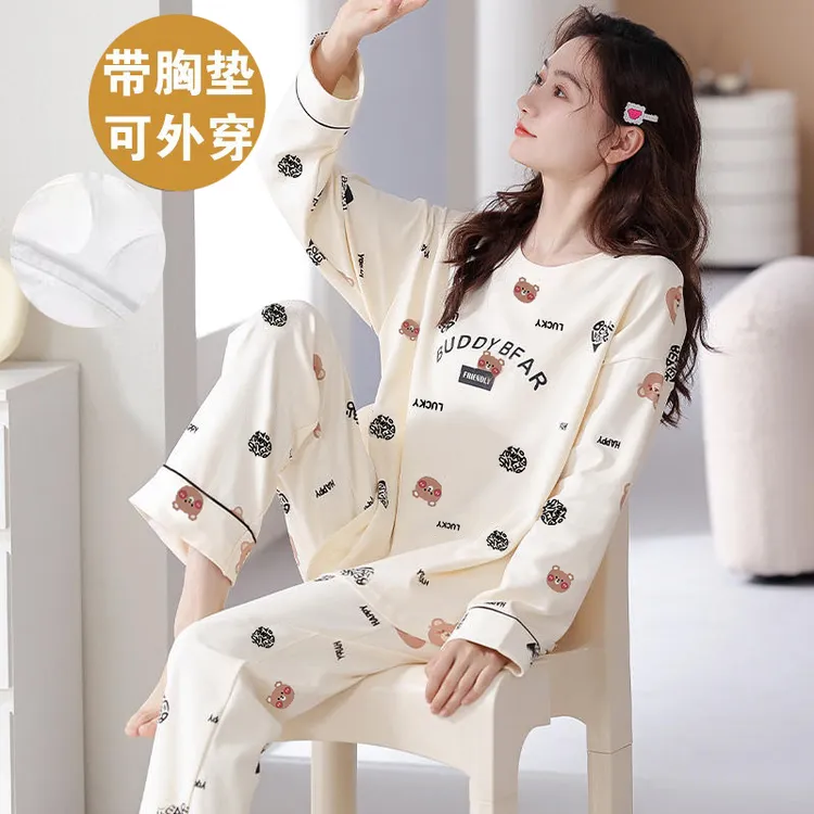 带胸垫睡衣女春秋女士长袖韩版甜美可爱可外穿大码家居服学生套装