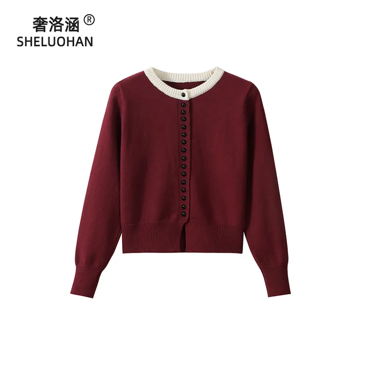 安哥拉红色圆领针织开衫女秋冬新款加厚法式甜美宽松短款外穿毛衣