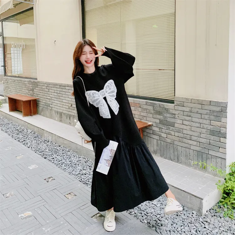 蕾丝刺绣蝴蝶结连衣裙女春秋2024新款美式学院风鱼尾裙卫衣裙爆款