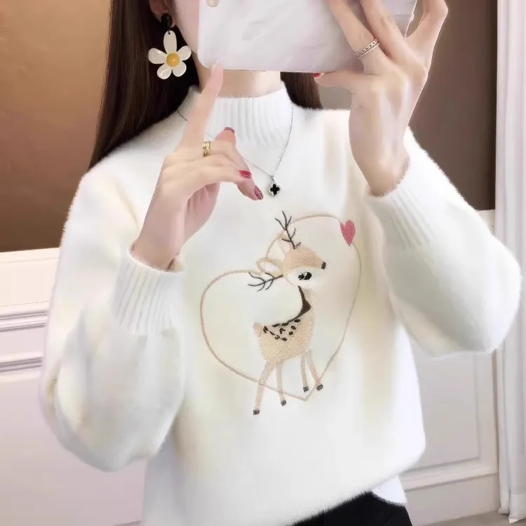 新款水貂绒毛衣女冬季加厚洋气绣花上衣韩版套头半高领打底针织衫