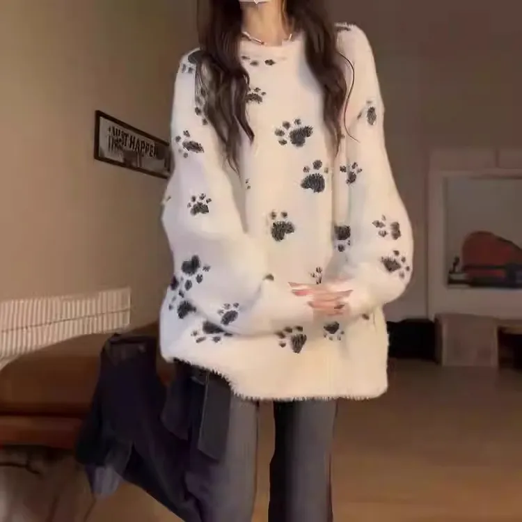 日系软糯仿貂绒圆领上衣秋冬情侣海马毛可爱狗爪慵懒风宽松毛衣女