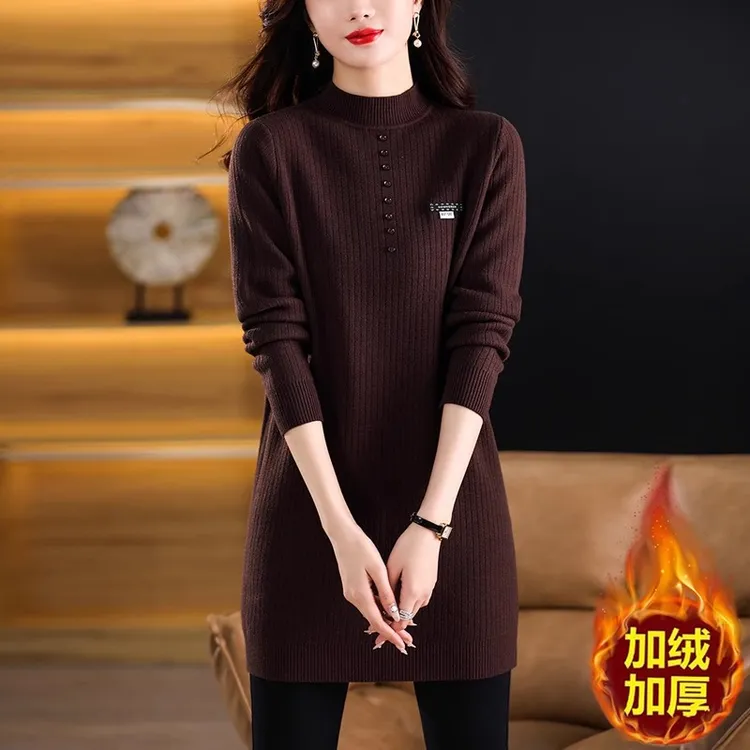加绒毛衣裙女士加厚中长款秋冬季2024新款半高领一体绒内搭打底衫