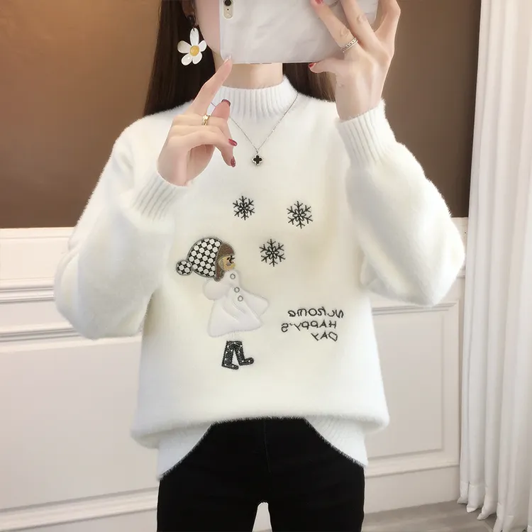 2025时尚水貂绒加绒加厚半高领学生初中高中女大童百搭秋冬套头短