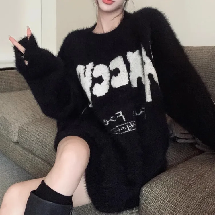 2025秋冬高级感黑色奶fufu水貂绒毛衣女中长款宽松复古软糯上衣