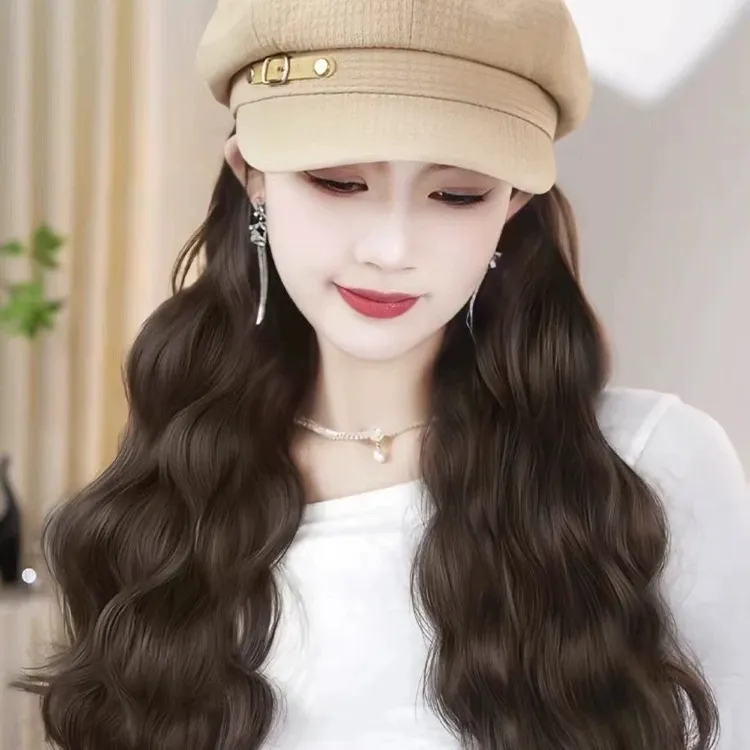 【秋日新宠】文艺优雅皮扣八角帽水波纹帽子假发一体靓丽带帽长卷