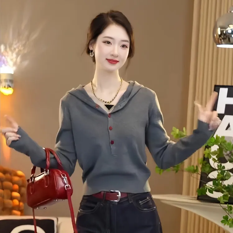 韩版小个子短款连帽长袖针织衫女秋季新款百搭套头毛衣打底衫上衣