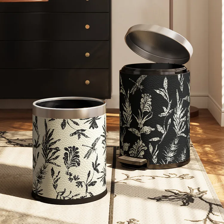 美世达皮革垃圾桶家用不锈钢高档酒店客厅卧室卫生间办公室带盖款