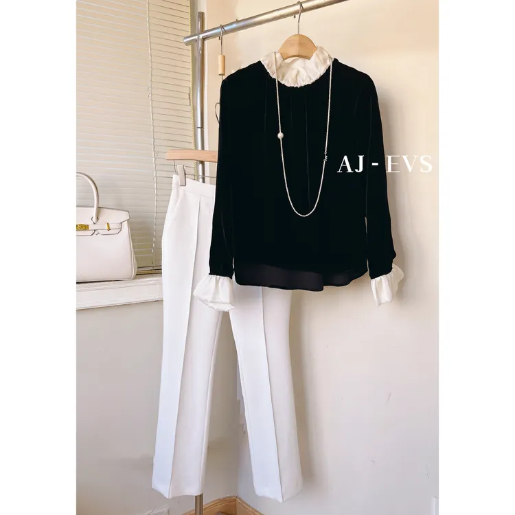 AJ-EVS【赫本再现·重磅真丝丝绒显瘦花苞领上衣】