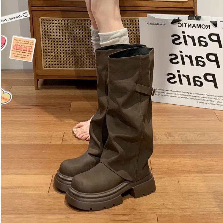 美拉德长筒靴女款2025春秋新款百搭复古风气质网红厚底休闲时装靴