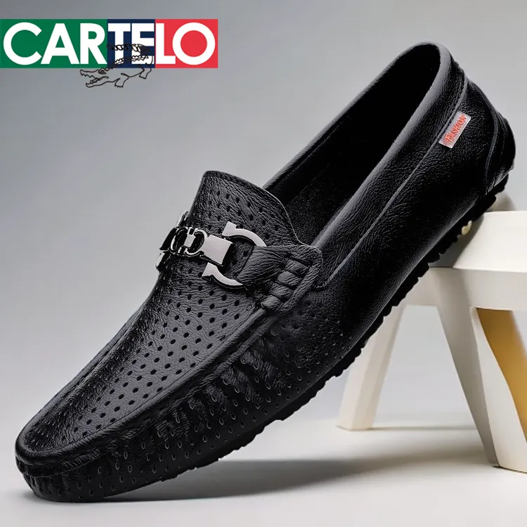 CARTELO/卡帝乐鳄鱼夏季透气清凉镂空豆豆鞋男士休闲皮鞋真皮软底