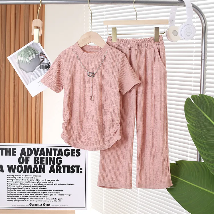 （亲子款）夏季韩版女童套装短袖上衣+宽松阔腿裤时尚纯色小香风