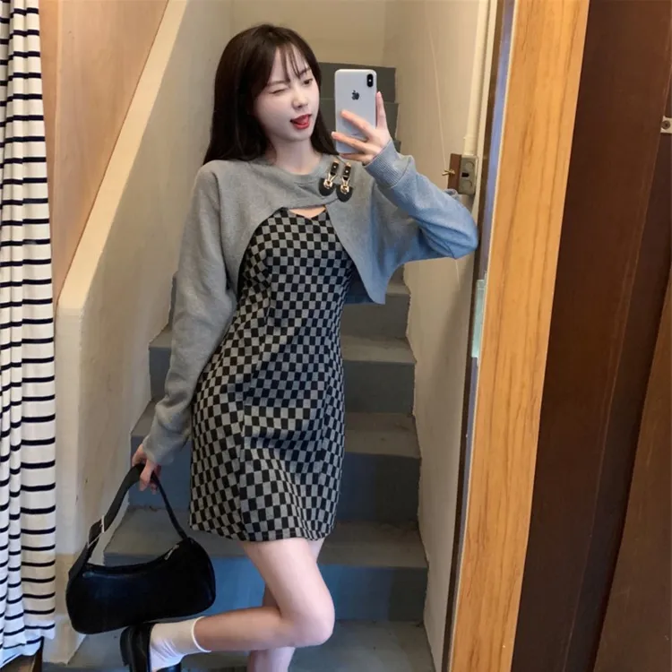 【法式浪漫】秋装大码女装胖mm法式棋盘格显瘦吊带连衣裙罩衫两件套