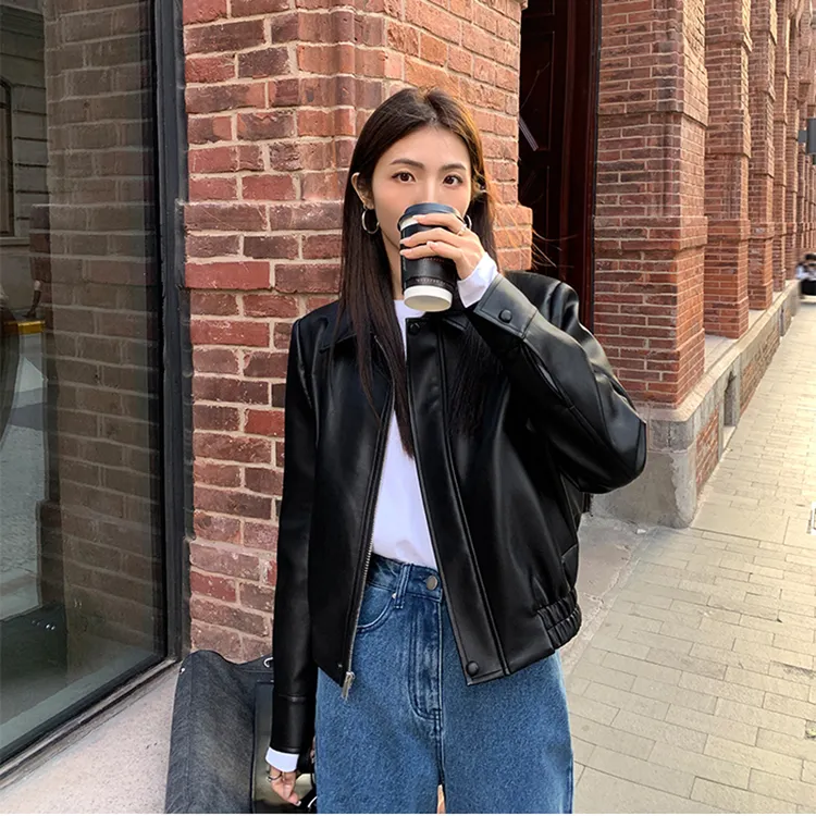 黑色翻领pu皮衣外套女2025秋季新款宽松机车服拉链短款夹克上衣女