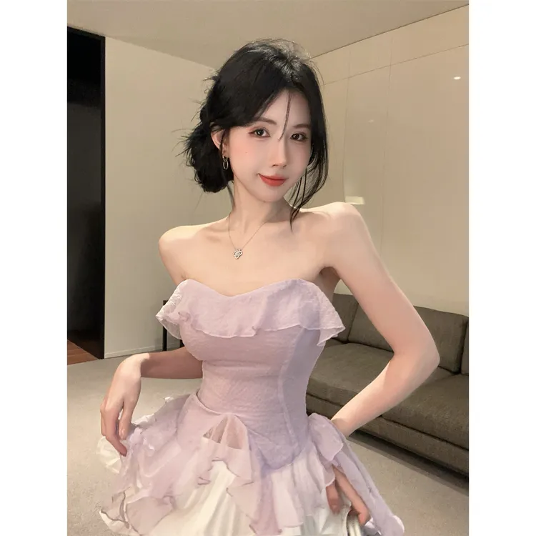 法式甜美少女感减龄套装女荷叶边飘带抹胸背心高腰蛋糕半裙两件套