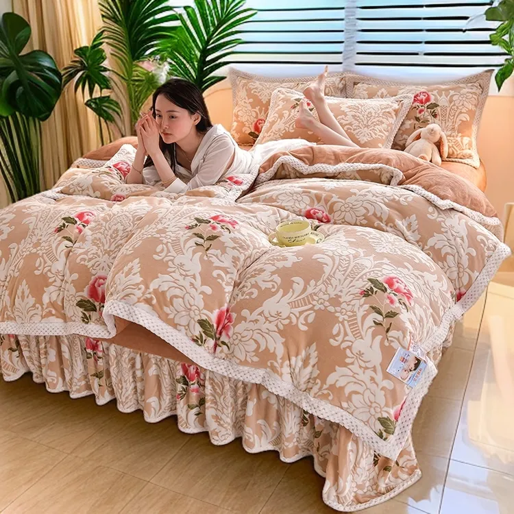 豫巢【1】家纺雕花绒四件套牛奶绒双面绒牛奶绒四件套正品官方旗舰