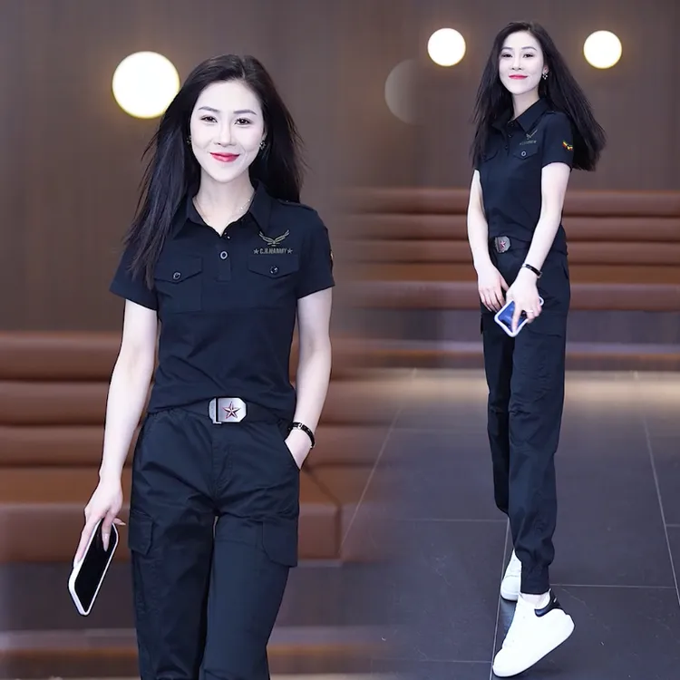 夏季新款工装套装女减龄小个子洋气休闲修身黑色军绿工装套装夏装