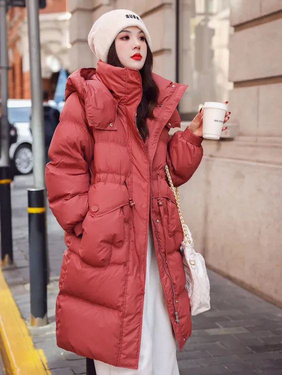 白鸭绒2024冬季新款韩版高端羽绒服女中长款修身显瘦连帽外套潮