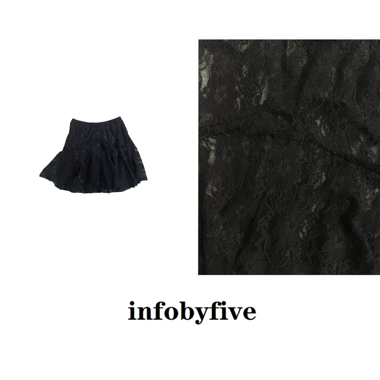 infobyfive 2025黑色蕾丝镂空屁帘百搭半身裙2DB2604