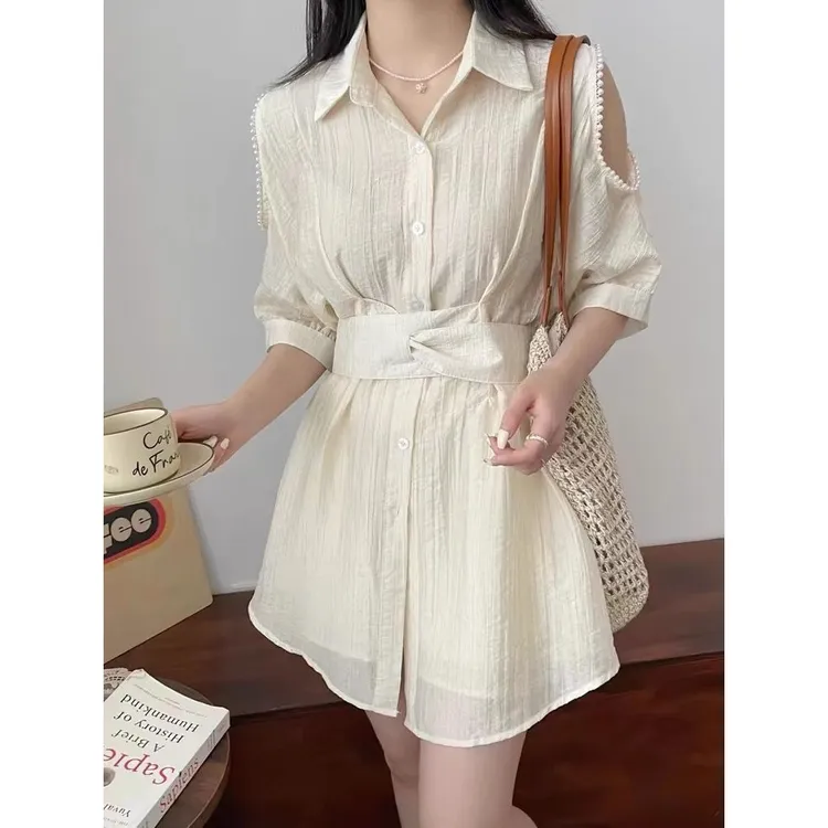 珍珠露肩衬衫2024短裤夏季套装新款设计感洋气高级时尚休闲两件套