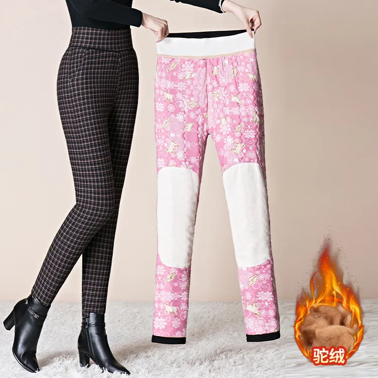 【羊毛蚕丝驼绒】外穿高腰修身口袋中老年冬季加厚高弹保暖女棉裤