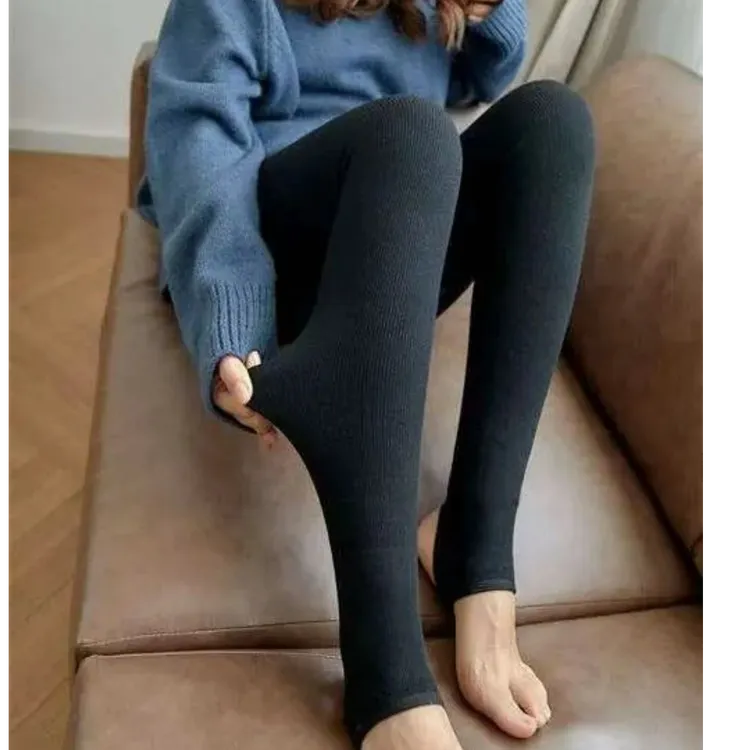 加绒加厚竖条纹女打底裤秋冬灰色高腰一体加绒保暖裤显瘦螺纹冬季