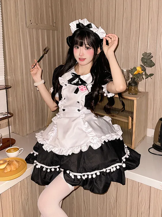 甜酒红洛丽塔可爱女仆套装服装角色扮演咖啡女佣少萝公主裙裙子