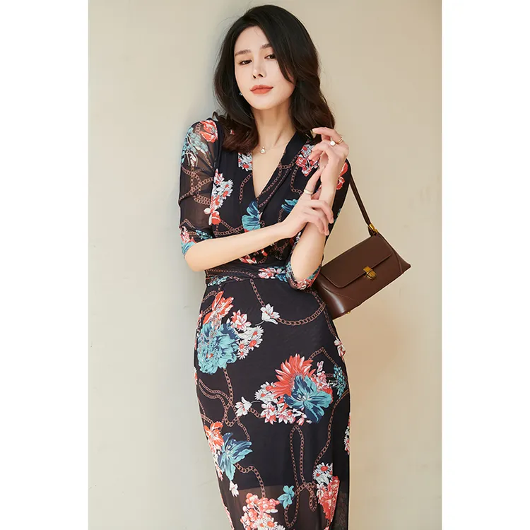 裹身裙印花收腰显瘦改良版旗袍中式气质时尚复古风包臀连衣裙夏季