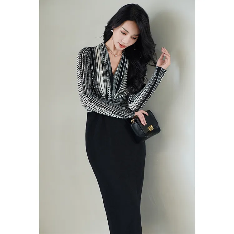 高端定制坑条弹力拼接裹身裙｜时尚气质百搭包臀裙连衣裙女人味