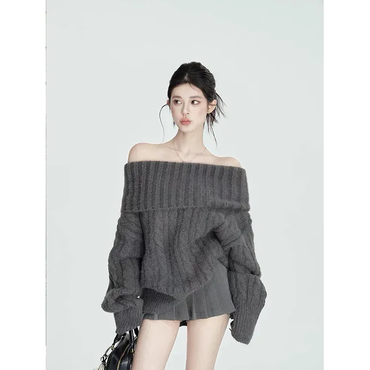 软糯一字肩经典灰色高领毛衣女冬慵懒风宽松长袖上衣