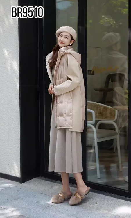 【D9510】高级感中长款白鸭绒羽绒服女冬新款拼接双面呢保暖外套
