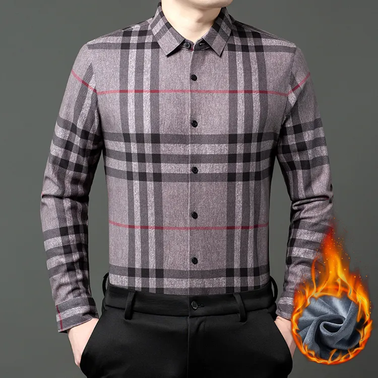 卡尔皮诺2323冬季加绒加厚男士宽松保暖格子商务衬衣休闲长袖衬衫