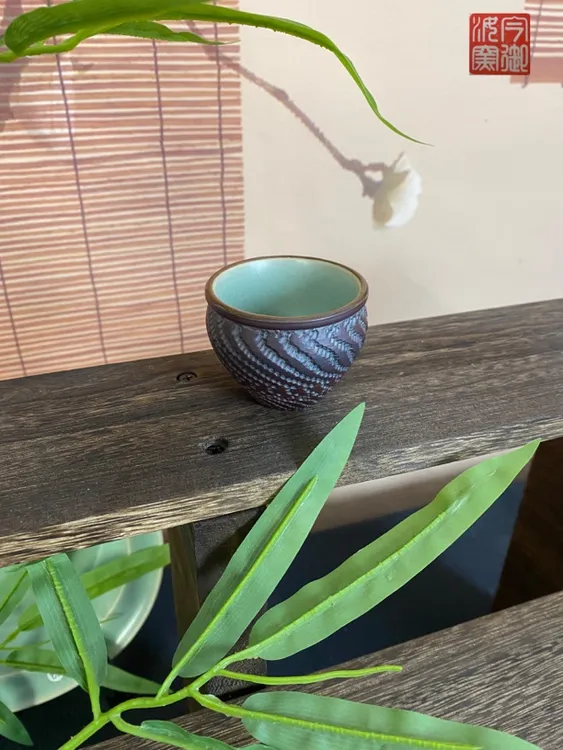 汝窑汝瓷 纯手工➕刻刀工艺 原矿仿古天青釉天青色（缸杯）主人杯