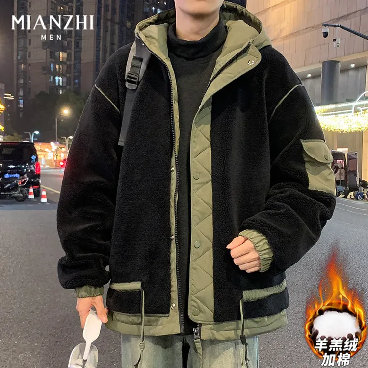 棉致羊羔绒外套男士秋冬季新款御寒加厚保暖外衣男生连帽工装棉衣