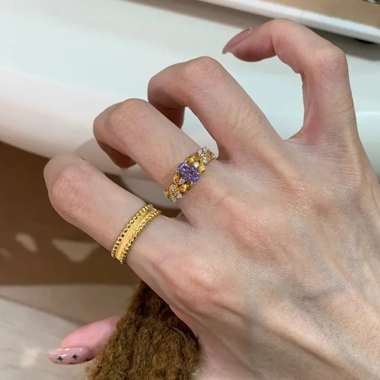 925银锆石戒指 紫藤花戒指 高碳锆石 镀金 小众 新品 彩色排戒
